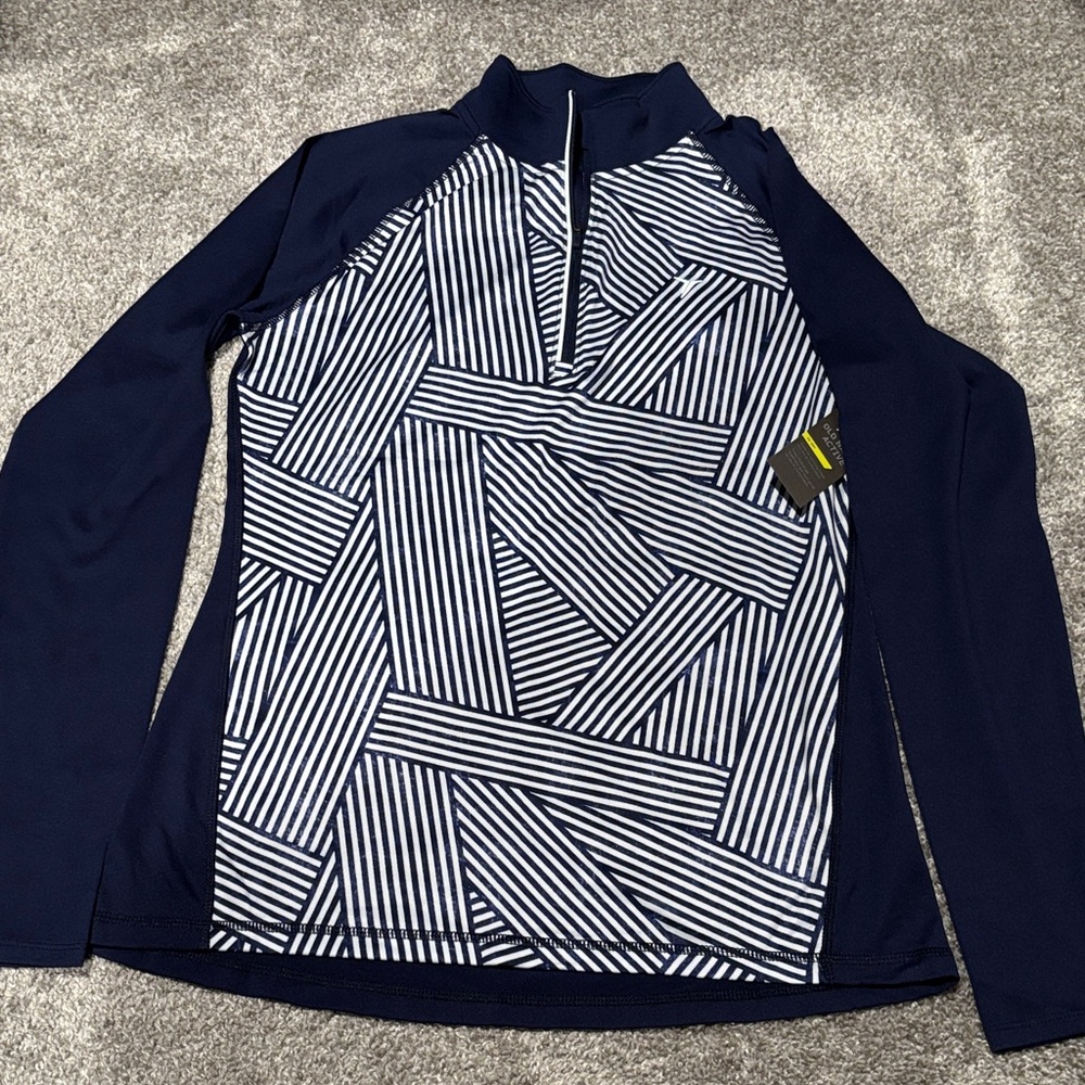 Old Navy Navy and White Striped Zip-Up Active Top